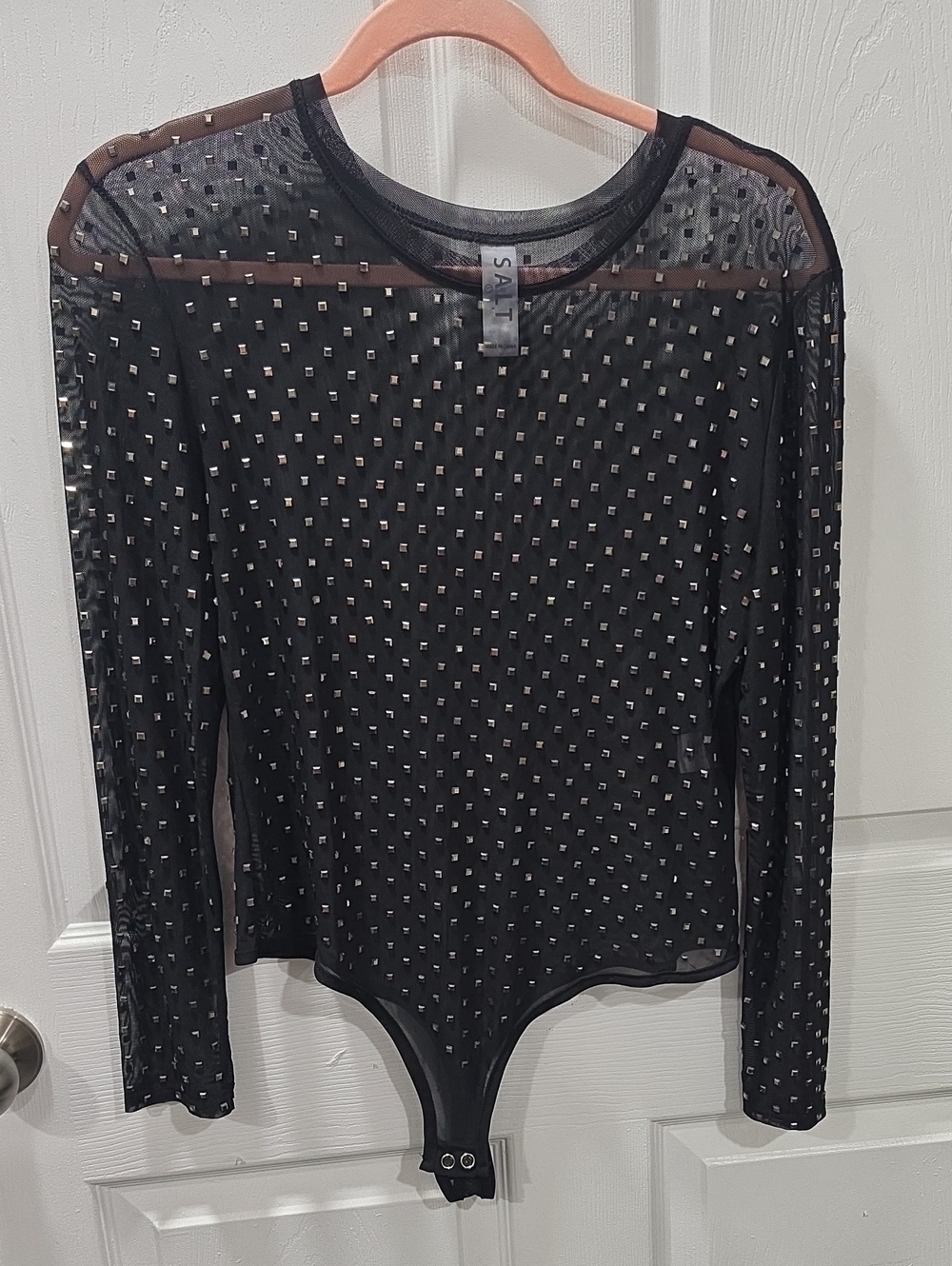 Mesh Bodysuit With Square Detail Bling